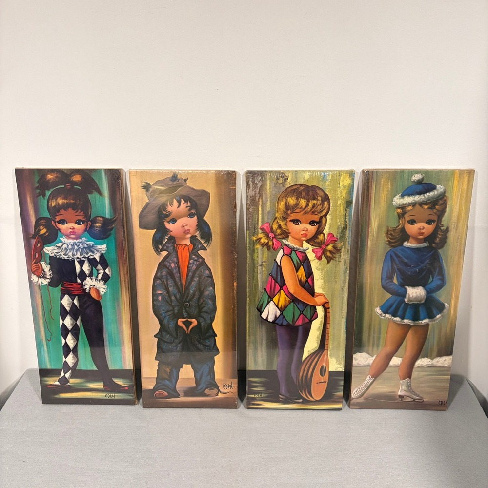 Vintage Sealed Eden Big Eye Moppet Set of 4 Board Panel Plaques NOS MCM Kitsch